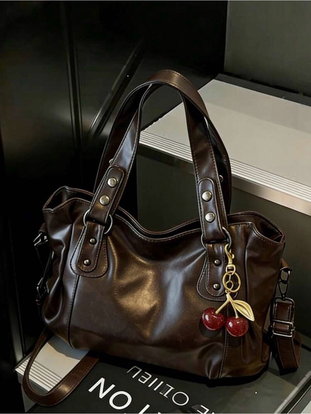 Classic Dark Brown Women’s Leather Tote Bag with Cherry Charm